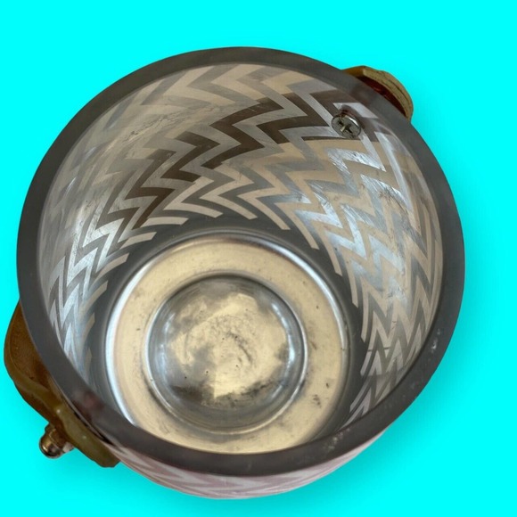 Vintage Leather Handled Glass Ice Bucket Gold Metallic Vertical Zigzag Chevron - Picture 7 of 8